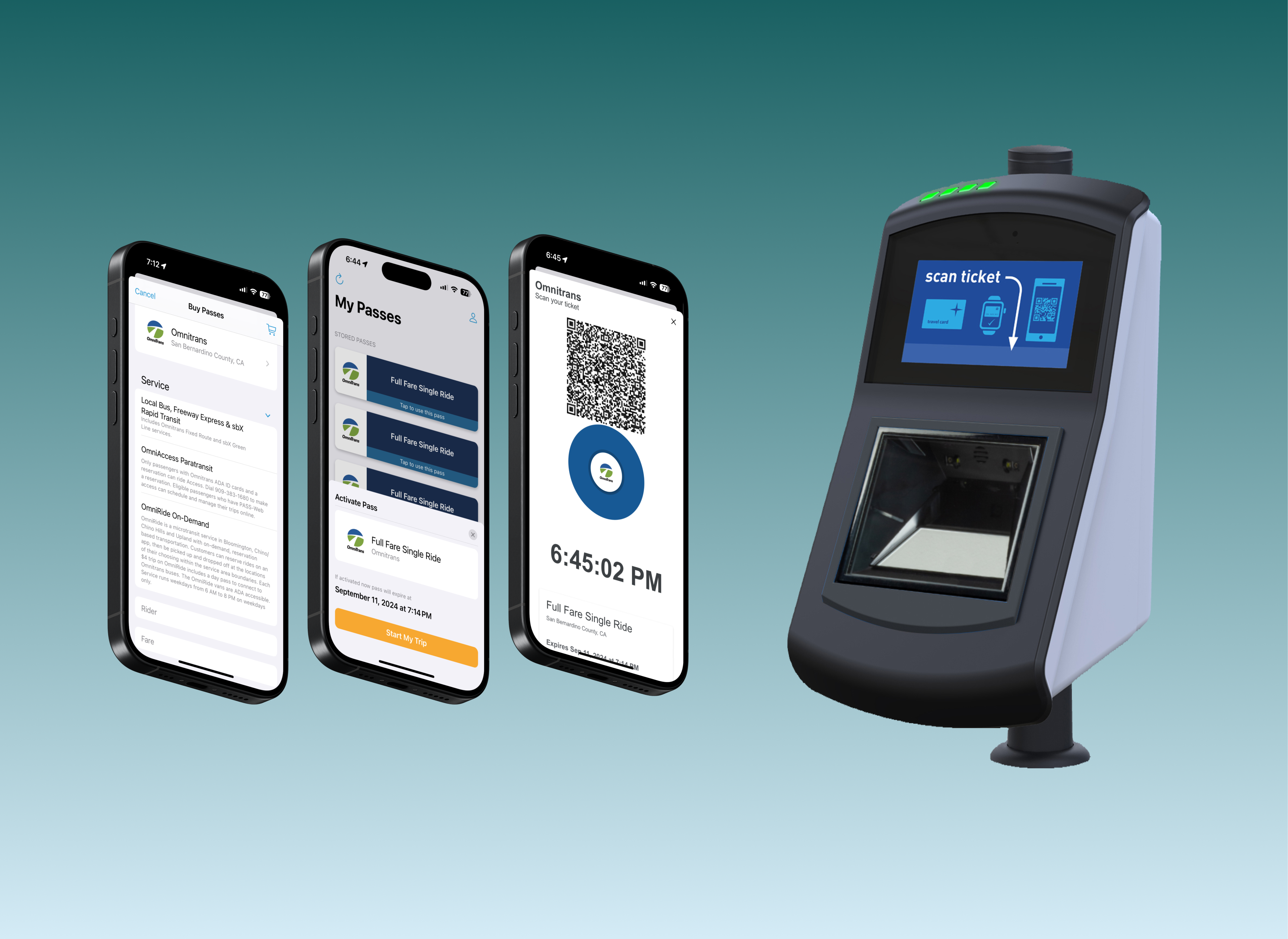 Multiple screens of the Token Transit mobile app displayed next to the Token Transit Validator